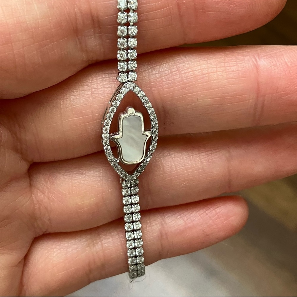 Sterling Silver Mother of Pearl CZ Hamsa Bolo Bracelet
